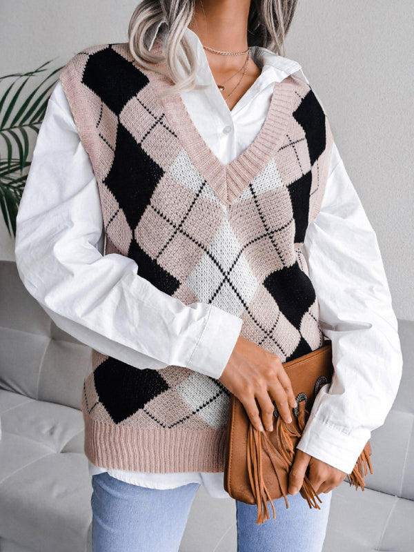Women’s diamond V-neck casual loose knit vest sweater