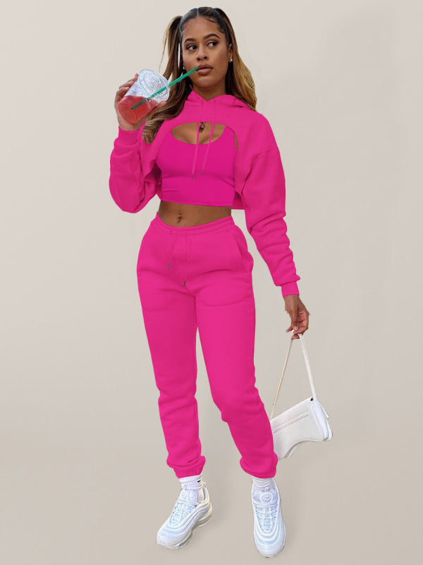 Women’s Drawstring Solid Color Hoodie Long Sleeve Drawstring Trousers Vest Three-Piece Suit - Rose / S