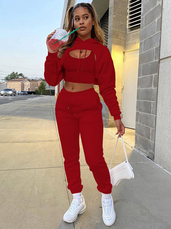 Women’s Drawstring Solid Color Hoodie Long Sleeve Drawstring Trousers Vest Three-Piece Suit - Red / S