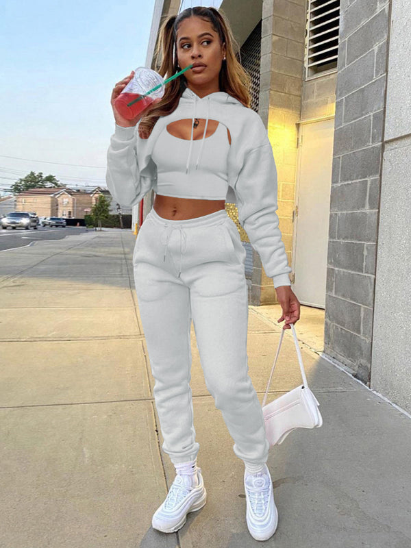 Women’s Drawstring Solid Color Hoodie Long Sleeve Drawstring Trousers Vest Three-Piece Suit - Misty grey / S