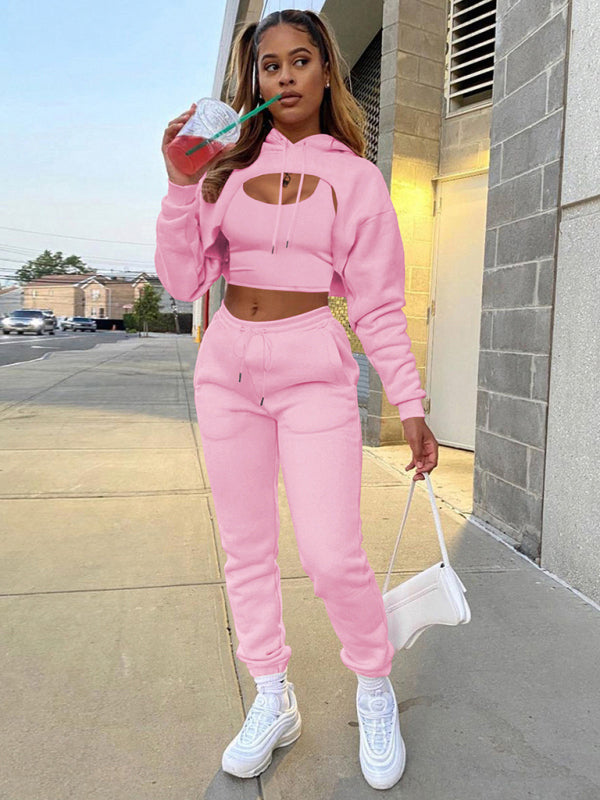 Women’s Drawstring Solid Color Hoodie Long Sleeve Drawstring Trousers Vest Three-Piece Suit - Pink / S
