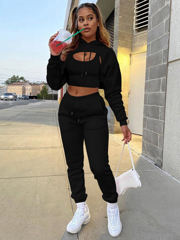Women’s Drawstring Solid Color Hoodie Long Sleeve Drawstring Trousers Vest Three-Piece Suit - Black / S