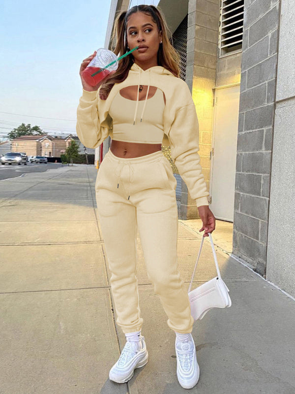 Women’s Drawstring Solid Color Hoodie Long Sleeve Drawstring Trousers Vest Three-Piece Suit - Cracker khaki / S