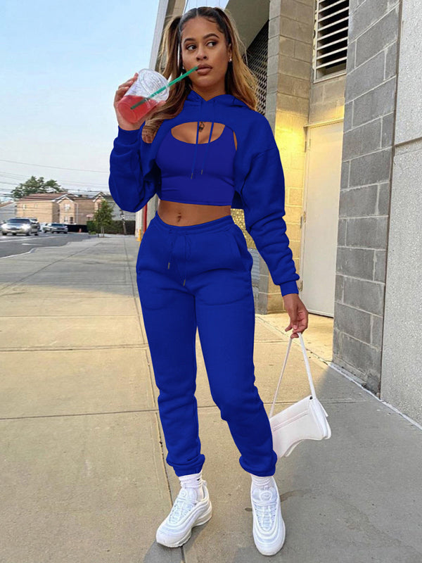 Women’s Drawstring Solid Color Hoodie Long Sleeve Drawstring Trousers Vest Three-Piece Suit - Blue / S