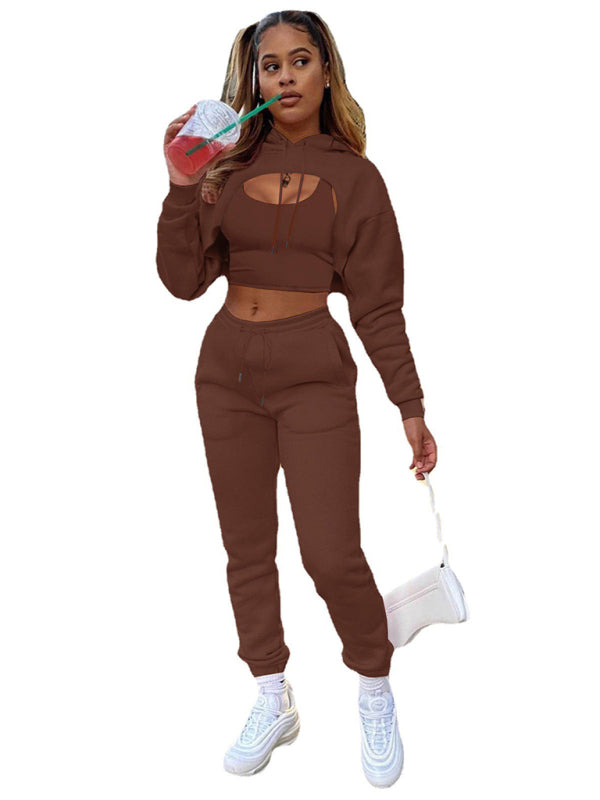 Women’s Drawstring Solid Color Hoodie Long Sleeve Drawstring Trousers Vest Three-Piece Suit - Brown / S