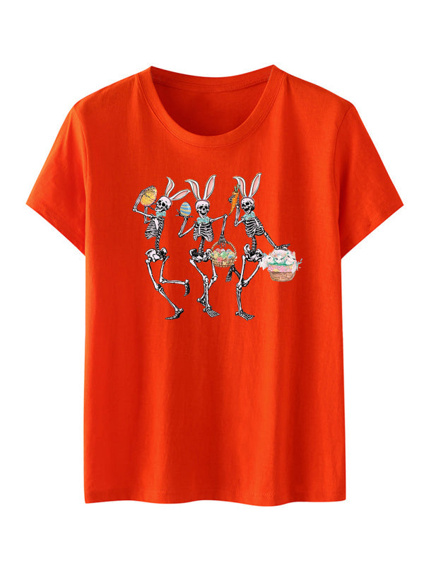 Women’s Easter Bunny Skull Print Short Sleeve T-Shirt - Orange / S