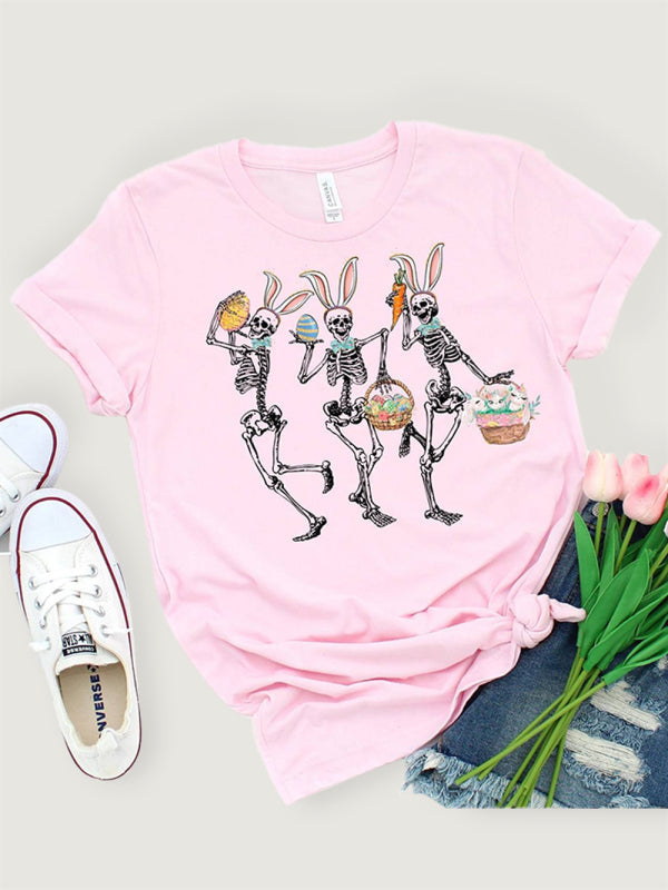 Women’s Easter Bunny Skull Print Short Sleeve T-Shirt - Pink / S