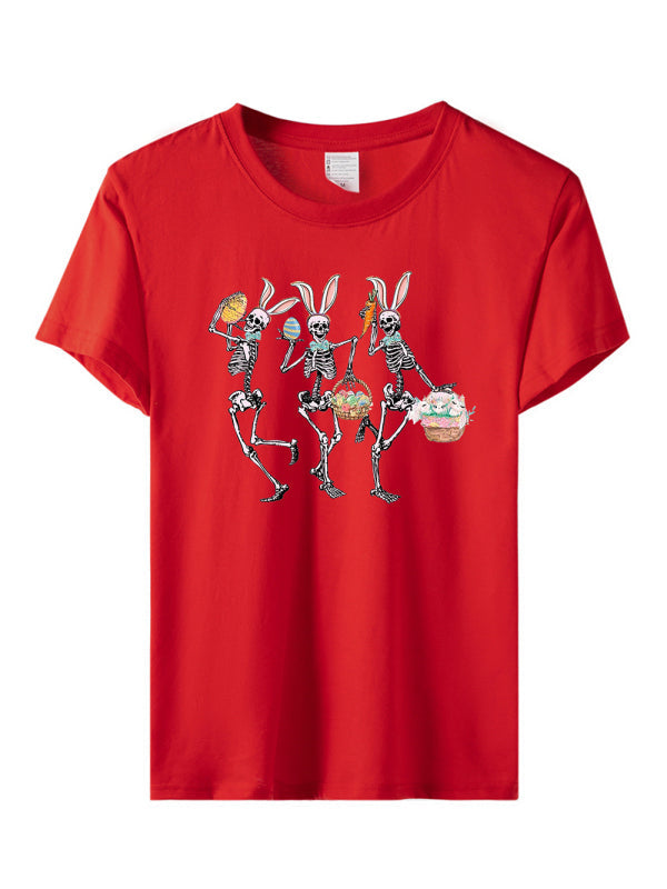 Women’s Easter Bunny Skull Print Short Sleeve T-Shirt - Red / S