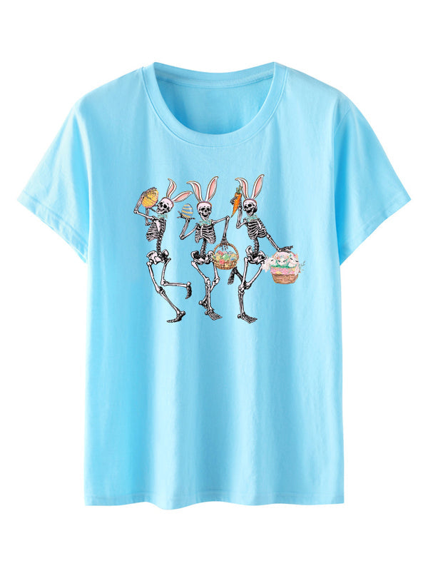 Women’s Easter Bunny Skull Print Short Sleeve T-Shirt - Sky blue azure / S