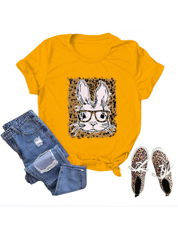 Women’s Easter Leopard Bunny Print Casual Short Sleeve T-Shirt - Mustard / S
