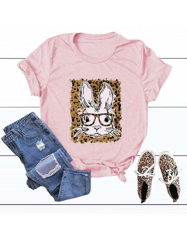 Women’s Easter Leopard Bunny Print Casual Short Sleeve T-Shirt