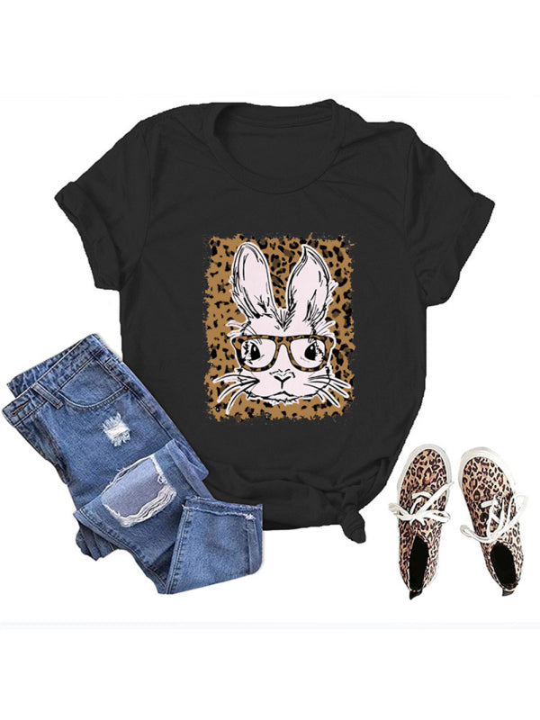 Women’s Easter Leopard Bunny Print Casual Short Sleeve T-Shirt - Black / S