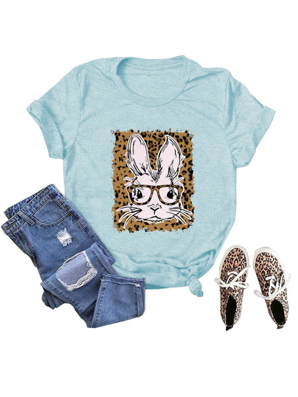 Women’s Easter Leopard Bunny Print Casual Short Sleeve T-Shirt - Clear blue / S