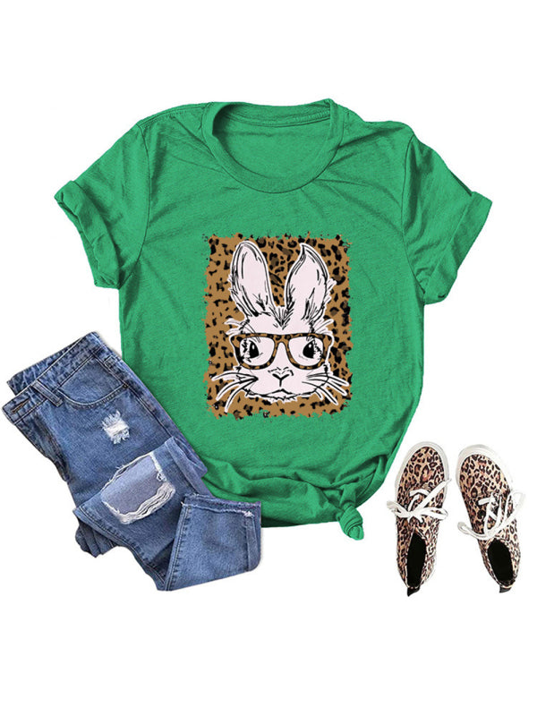 Women’s Easter Leopard Bunny Print Casual Short Sleeve T-Shirt - Green black jasper / S
