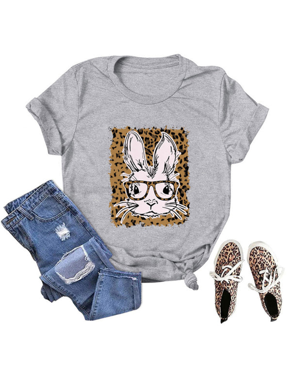 Women’s Easter Leopard Bunny Print Casual Short Sleeve T-Shirt - Misty grey / S