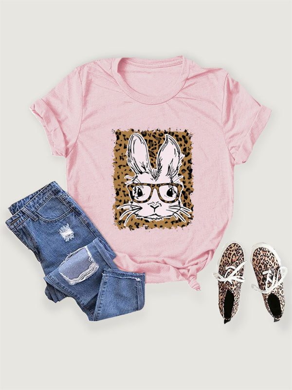 Women’s Easter Leopard Bunny Print Casual Short Sleeve T-Shirt - Pink / S