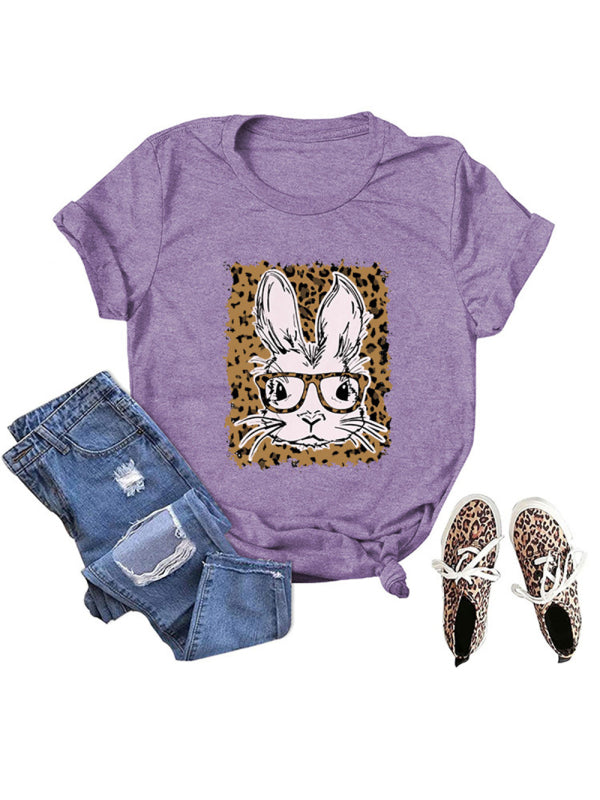 Women’s Easter Leopard Bunny Print Casual Short Sleeve T-Shirt - Purple / S