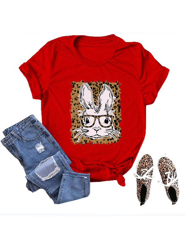 Women’s Easter Leopard Bunny Print Casual Short Sleeve T-Shirt - Red / S