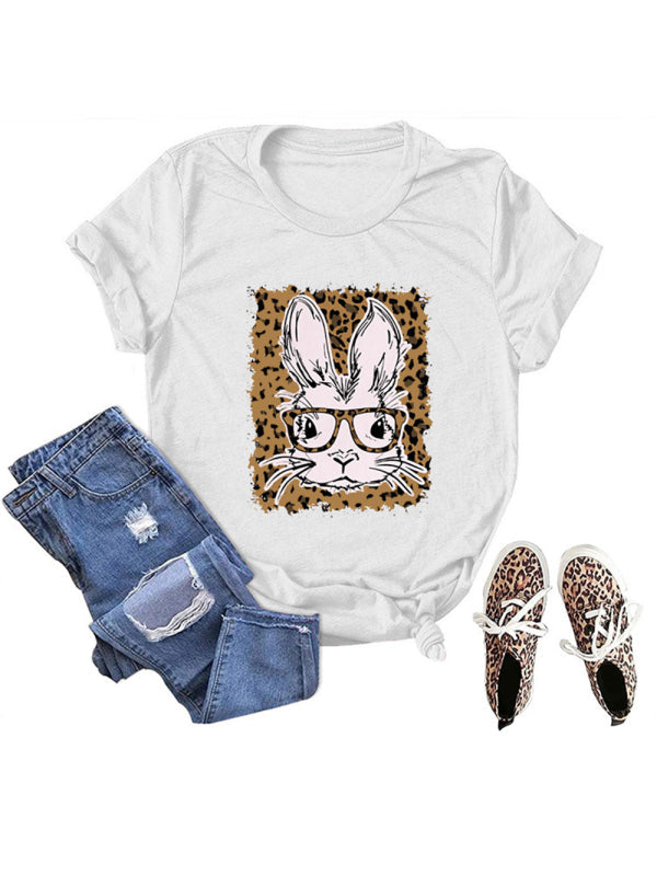 Women’s Easter Leopard Bunny Print Casual Short Sleeve T-Shirt - White / S