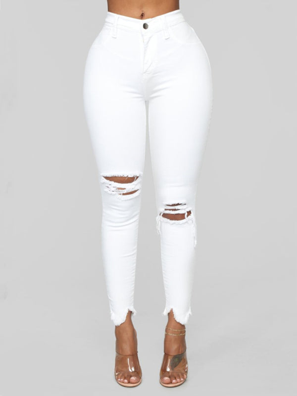 Women’s elastic ripped solid color denim long trousers - White / S