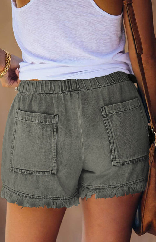 Women’s Elastic Waist Drawstring Casual High Waist Slim Denim Shorts