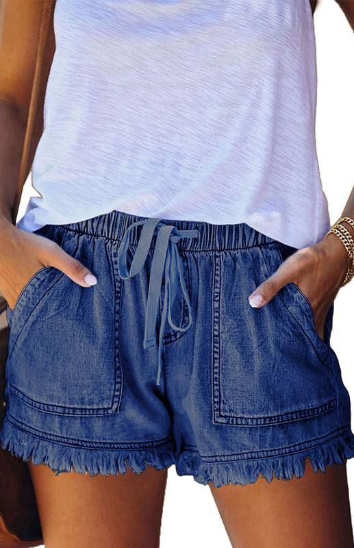 Women’s Elastic Waist Drawstring Casual High Waist Slim Denim Shorts
