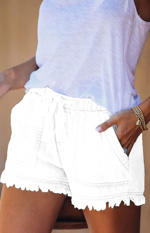 Women’s Elastic Waist Drawstring Casual High Waist Slim Denim Shorts - Raw white off white / S