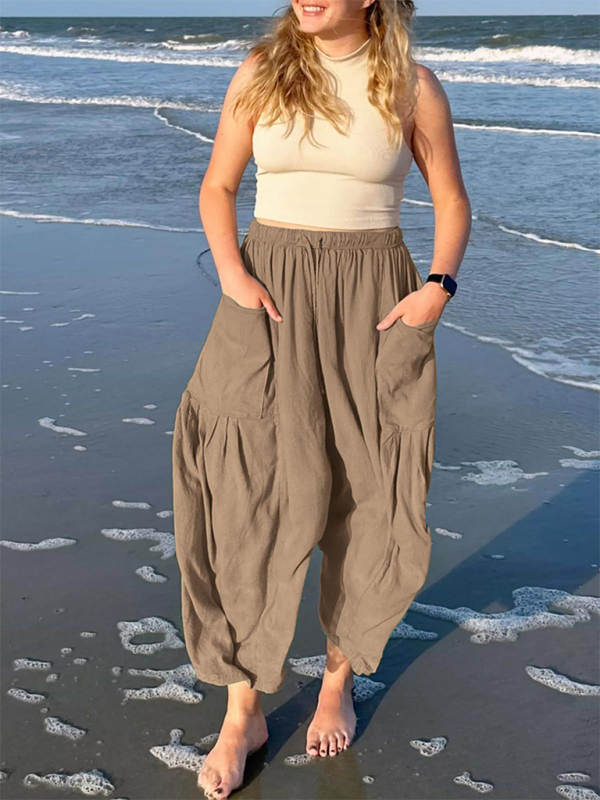 Women’s elastic waist pleated high waist wide leg pants loose casual pants - Khaki / S