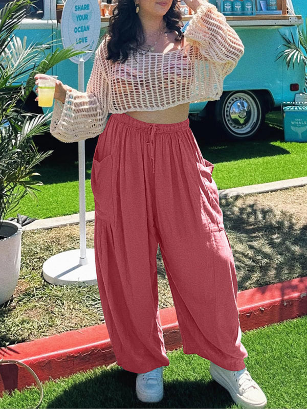 Women’s elastic waist pleated high waist wide leg pants loose casual pants - Pink / S