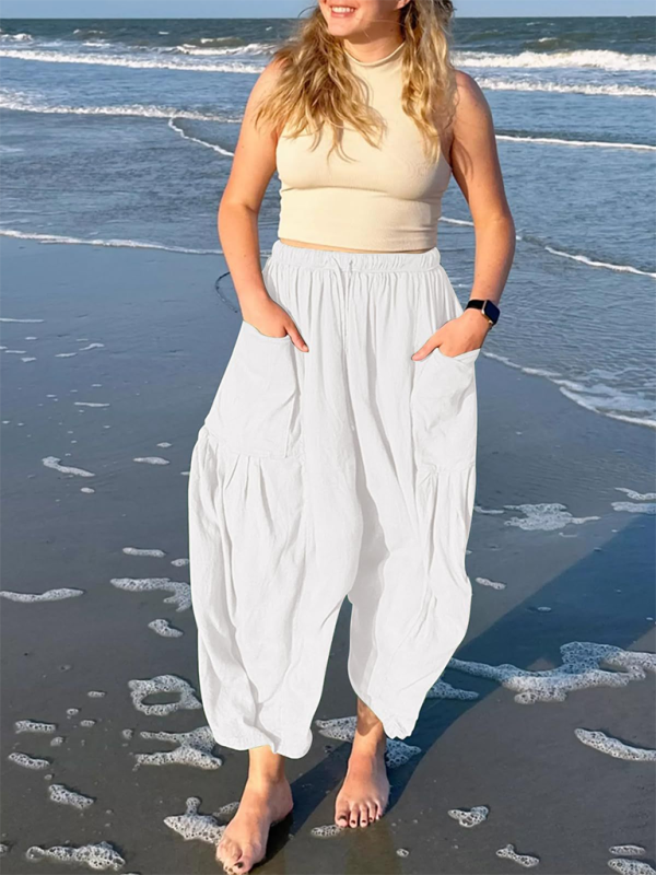 Women’s elastic waist pleated high waist wide leg pants loose casual pants - White / S