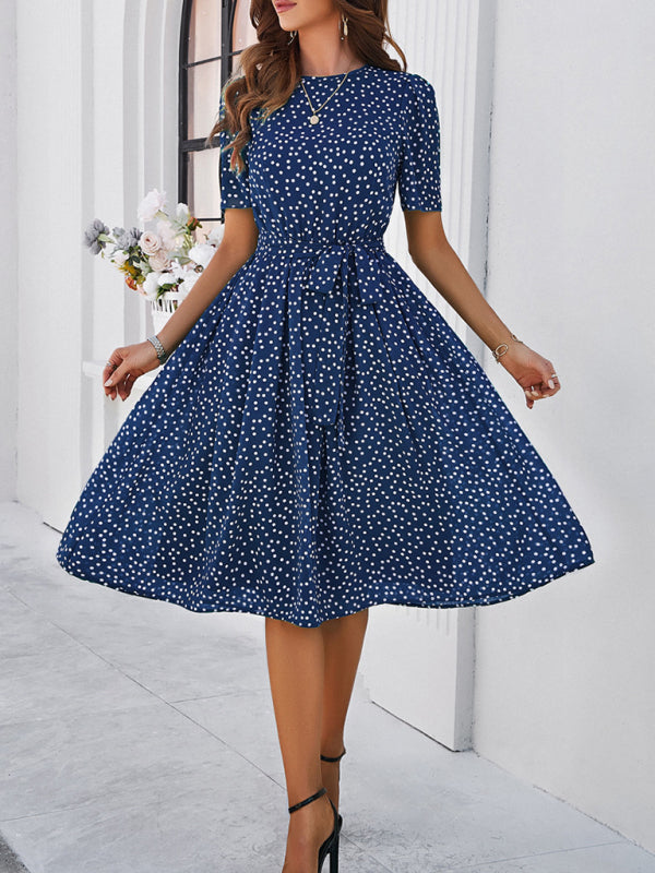 Navy blue casual polka dot midi dress with straps for women’s elegant occasions