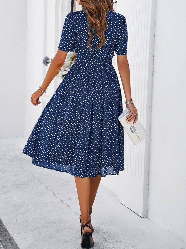 Navy blue casual polka dot midi dress with straps, women’s elegant daily polka dot style
