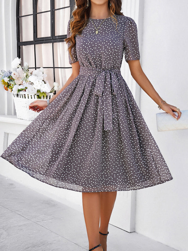 Gray polka dot midi dress in a casual polka dot print for an elegant casual look
