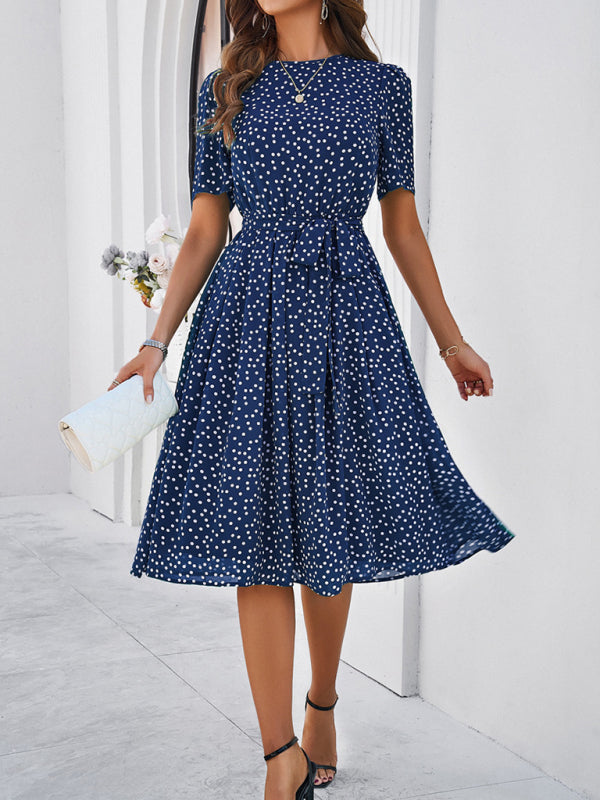 Navy blue casual polka dot midi dress with straps from Women’s elegant dress collection