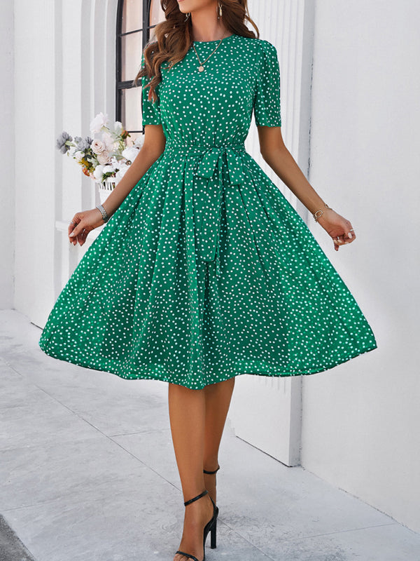 Women’s elegant casual polka dot print strappy dress in green midi style
