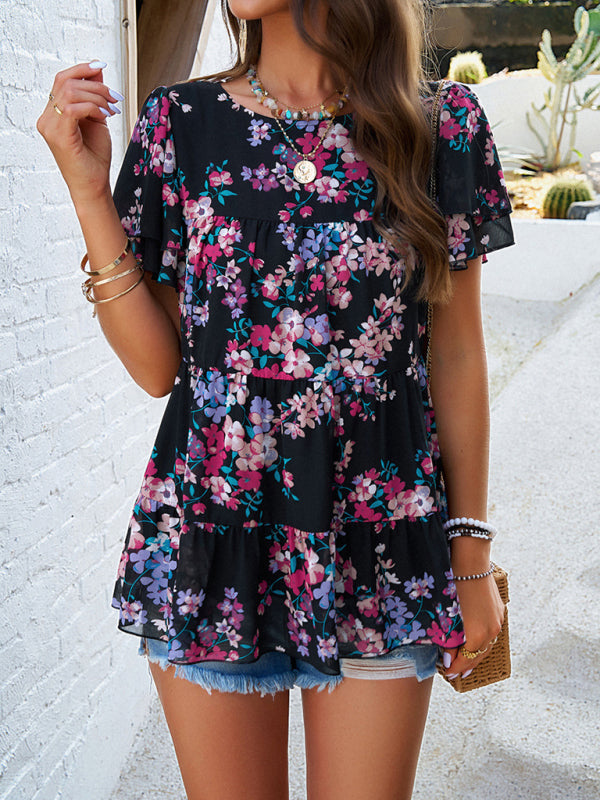 Women’s elegant casual printed short-sleeved top blouse