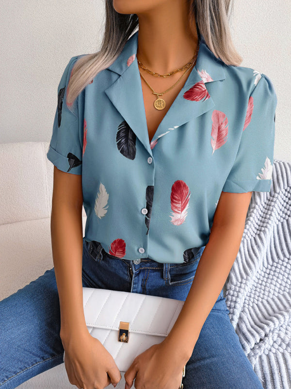 Women’s Elegant Feather Print Loose Short Sleeve Shirt - Blue / S