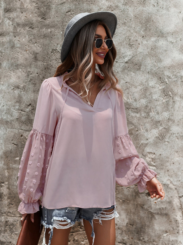 Women’s Elegant Lace Stand Collar Puff Sleeve Shirt