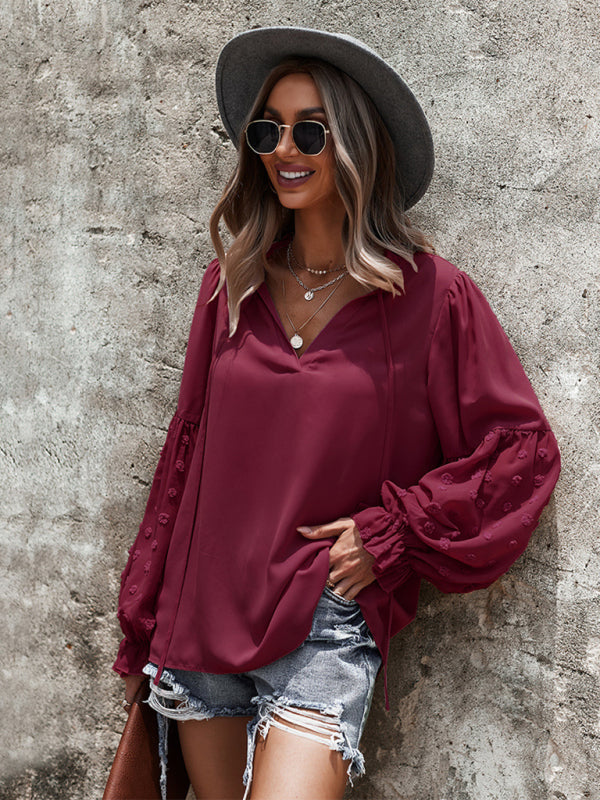 Women’s Elegant Lace Stand Collar Puff Sleeve Shirt