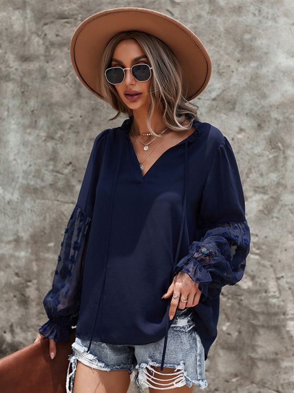 Women’s Elegant Lace Stand Collar Puff Sleeve Shirt