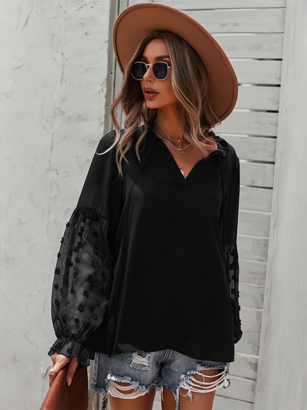 Women’s Elegant Lace Stand Collar Puff Sleeve Shirt