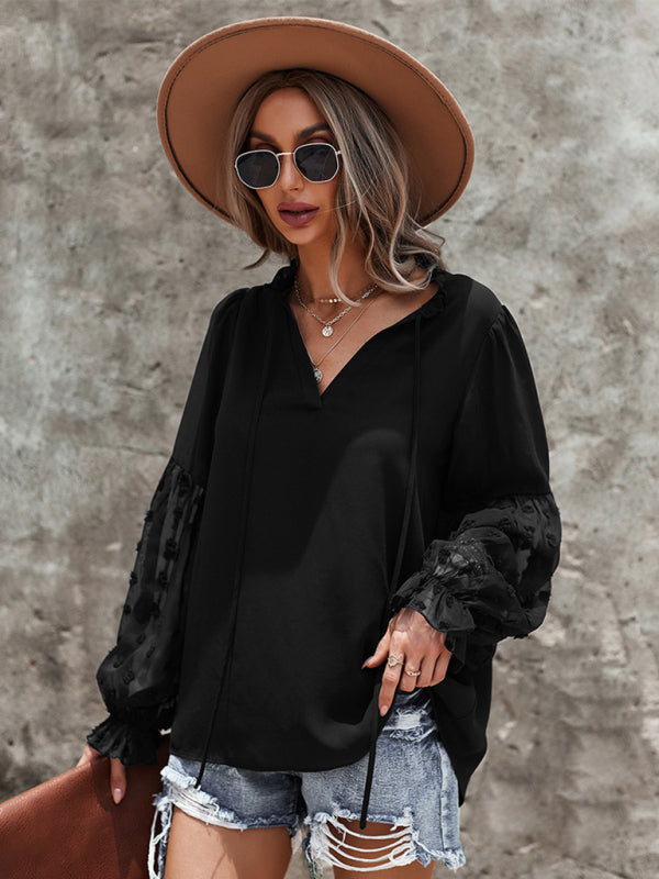 Women’s Elegant Lace Stand Collar Puff Sleeve Shirt - Black / S