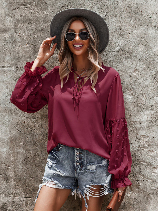 Women’s Elegant Lace Stand Collar Puff Sleeve Shirt - Red / S