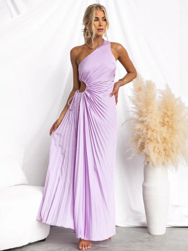 Women’s Elegant Pleated Dress One Shoulder Waist Hollow Dress - Purple / S