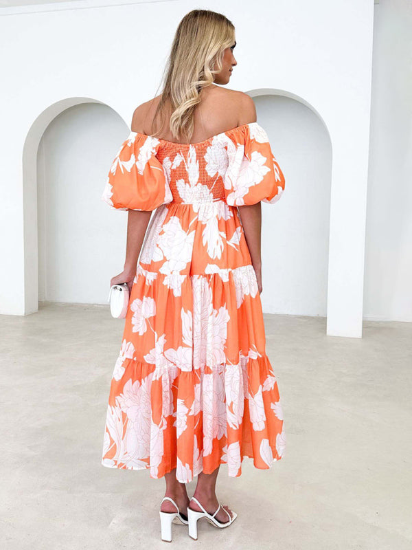 Women’s Elegant Printed One Shoulder Puff Sleeve Fashion Dress