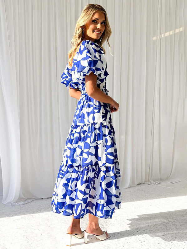 Women’s Elegant Printed One Shoulder Puff Sleeve Fashion Dress