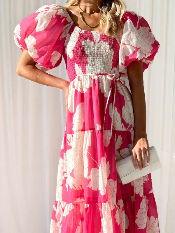 Women’s Elegant Printed One Shoulder Puff Sleeve Fashion Dress