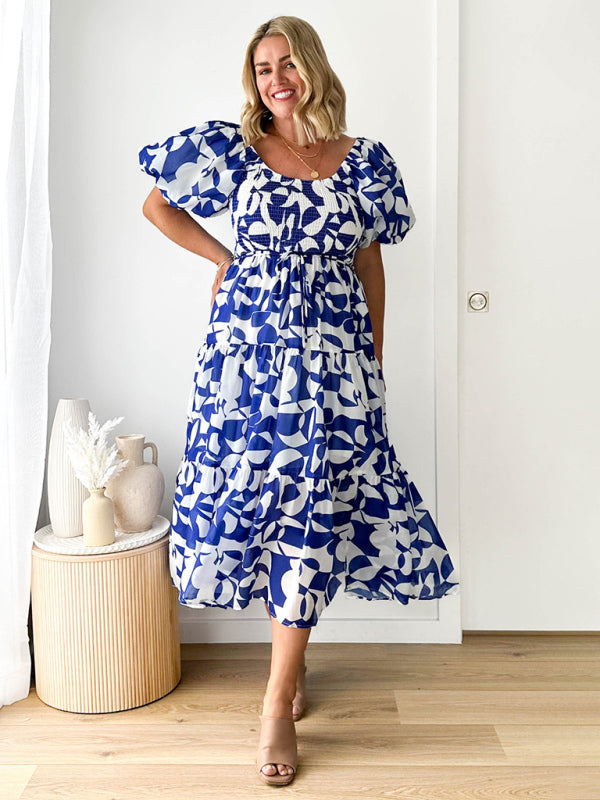 Women’s Elegant Printed One Shoulder Puff Sleeve Fashion Dress - Blue / S