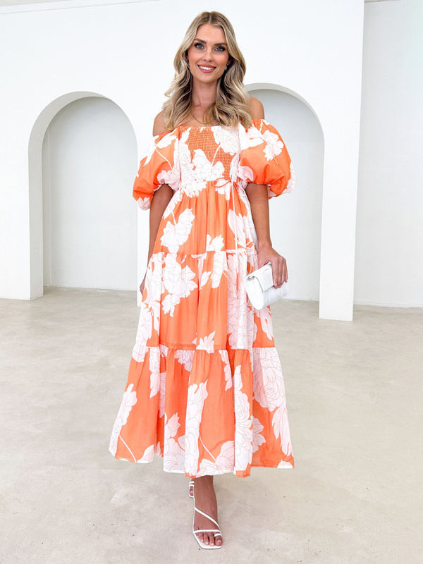 Women’s Elegant Printed One Shoulder Puff Sleeve Fashion Dress - Orange / S