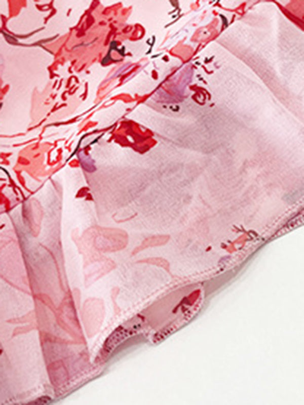 Floral pink ruffled fabric for women’s elegant printed strappy dress